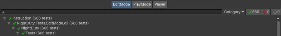 Unity Test Runner EditMode 화면 — 666개 테스트 모두 통과